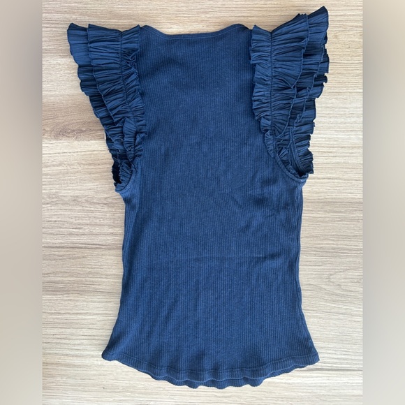 Ulla Johnson Lilo Top In Midnight Ultra Fine Ribbed Knit Layered Ruffle Sleeves - Picture 6 of 11